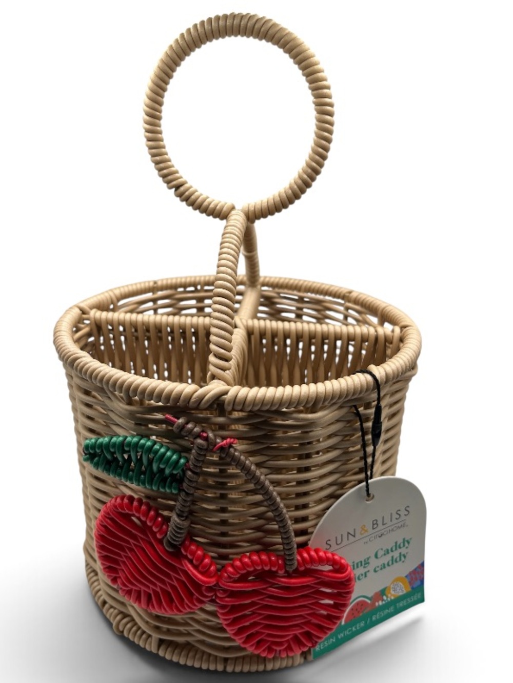 🆕 Ciroa Hello Summer Cherry Tan Resin Wicker Utensil Silverware Serving Caddy